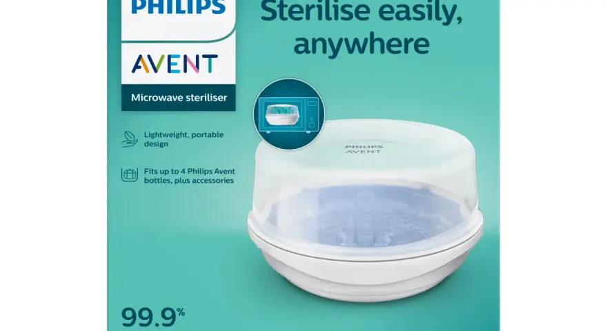 Philips Avent sterilisator för mikrovågsugn. Lätt och portabel, steriliserar upp till 4 flaskor och tillbehör, dödar 99,9% av bakterier.