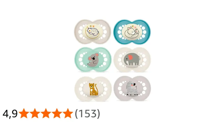 Sex stycken MAM Air nappar 6-16 månader med djurmotiv: björn, räv, koala, elefant, leopard och zebra.