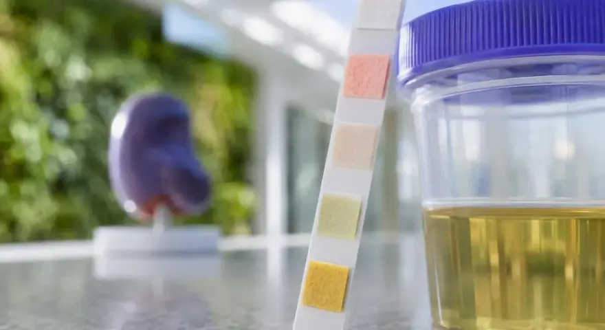 Urinprov med teststicka och mugg. En modell av en njure syns i bakgrunden, relevant för att undersöka protein i urin gravid.