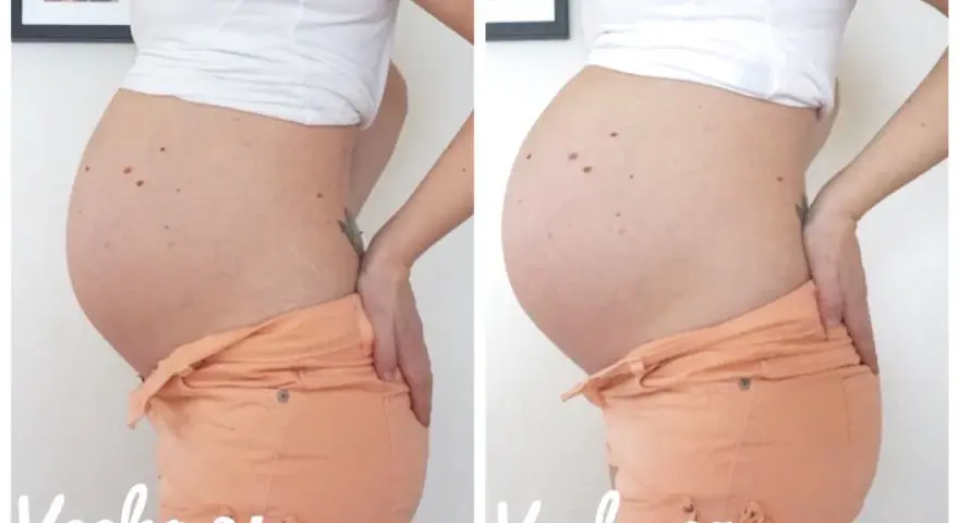 Gravid vecka 34 jämfört med vecka 35. En tydlig tillväxt av magen under familjelivet.
