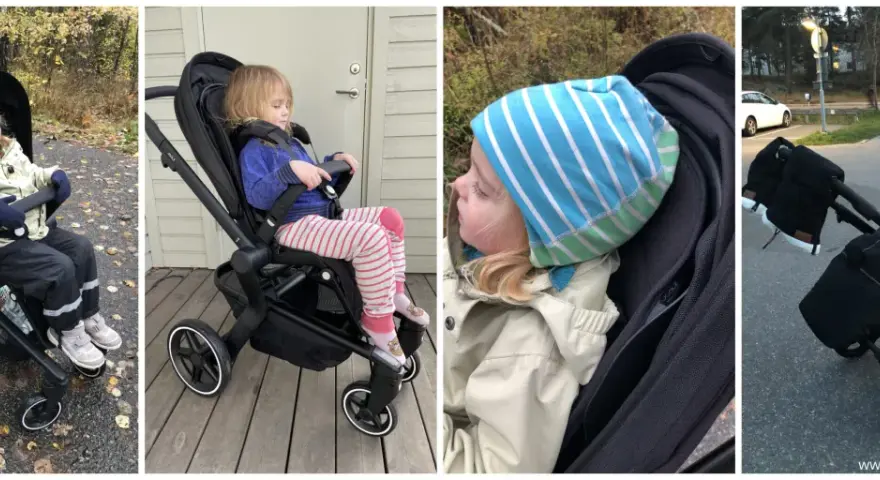 Barn i barnvagnens sittdel. Enkla byten till sittdel gör vardagen smidigare.