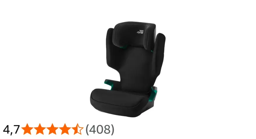 Svart Britax Römer bältesstol med justerbart nackstöd och gröna detaljer. En trygg och bekväm lösning för barnet på bilresan.