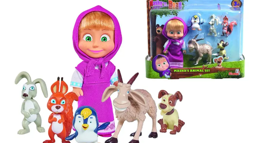 Masha och björnen leksaker med Masha-docka och djurfigurer som en get, hund, pingvin, ekorre och kanin.