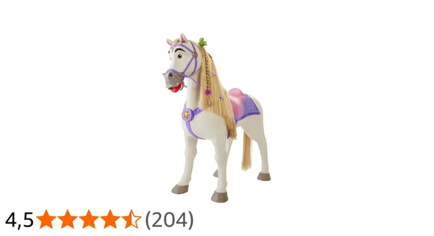En vit leksakshäst med lila sadel och flätor, inspirerad av disney hästar. En rolig följeslagare för fantasifulla äventyr.