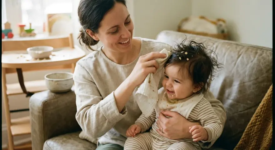 Glad mamma torkar gröt ur håret på sitt leende bebis. Det ser ut som att bebis tappar hår, men det är bara gröt som fastnat i lockarna.