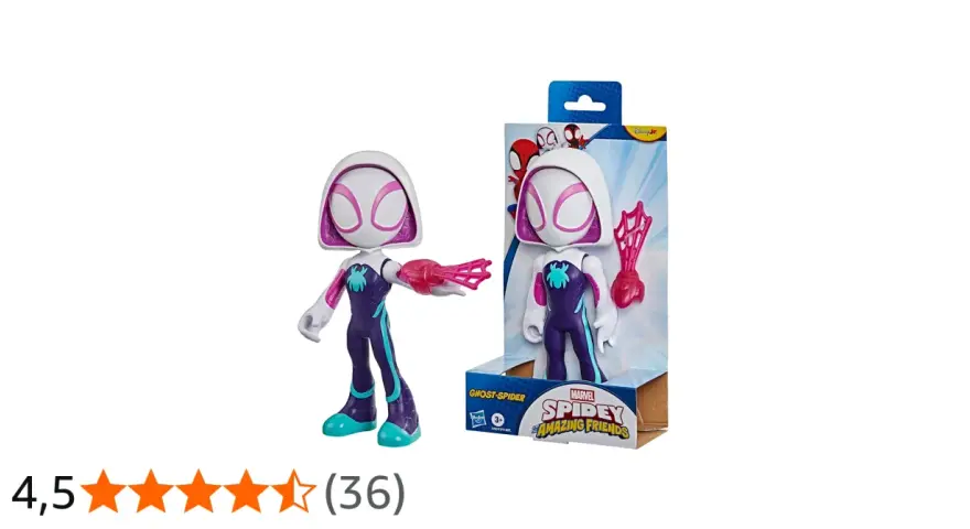 Ghost-Spider leksak i lila och turkos dräkt, redo för äventyr med sin nätkastare. Perfekt för små superhjältar!