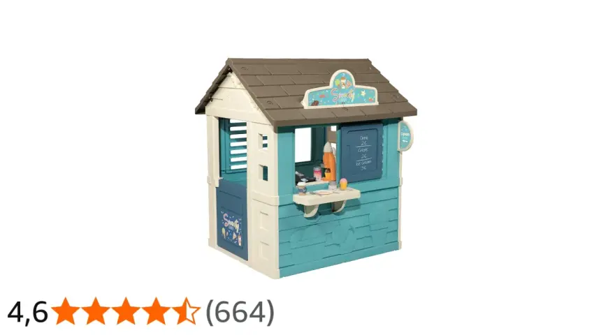 En Smoby lekstuga som ser ut som en glasskiosk med en meny och leksaksmat.