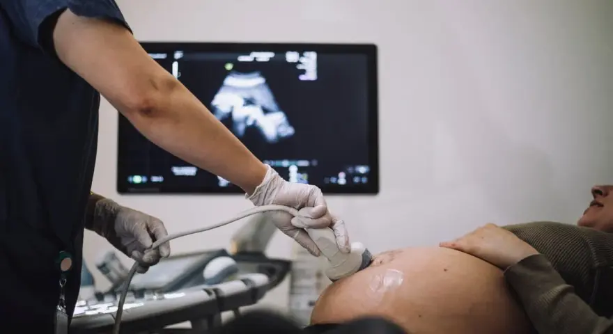 Gravid kvinna får ultraljud. Läkaren undersöker fostret, 18 veckor, på skärmen.