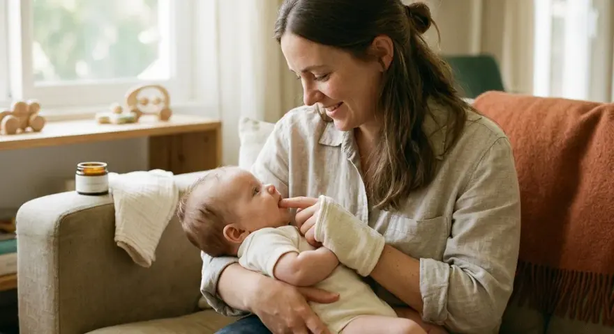 Mamma leker med sin bebis, som har en liten **torsk i munnen** (en leksak). De sitter i en soffa med en orange filt.