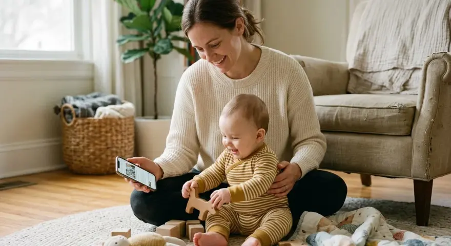 Mamma visar sin bebis en artikel om hur man kan få bort slem i halsen bebis. De leker med träleksaker på en matta.