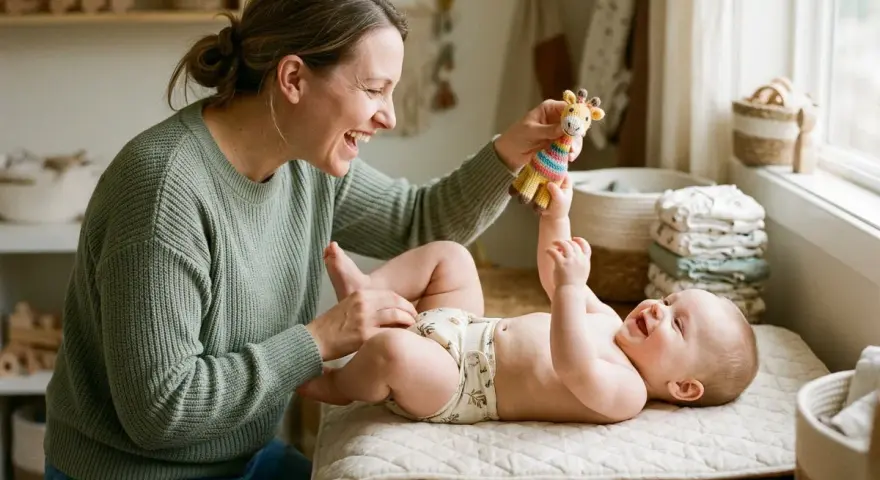 Mother playing with her happy baby on a changing mat, holding a giraffe toy.