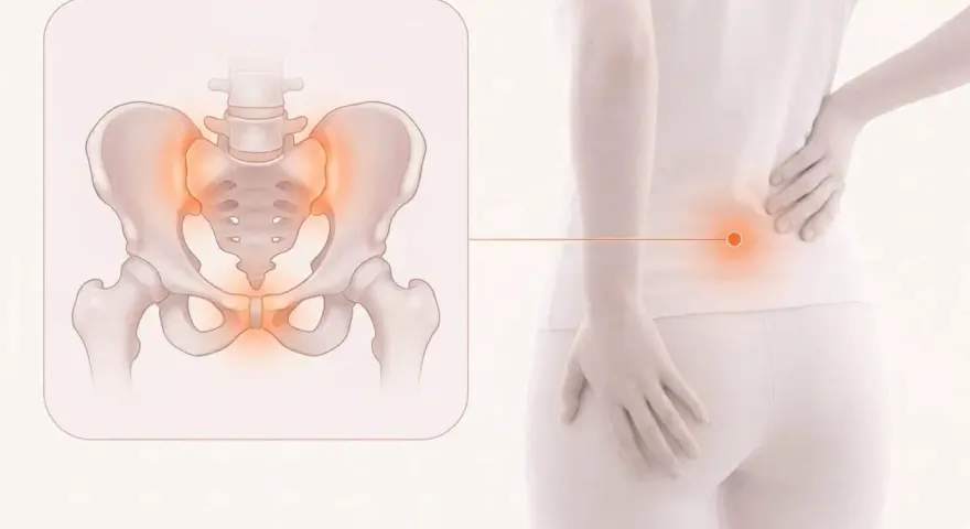 Illustration visar bäckenet med markerad smärta, som kan upplevas som ont i blygdbenet gravid.
