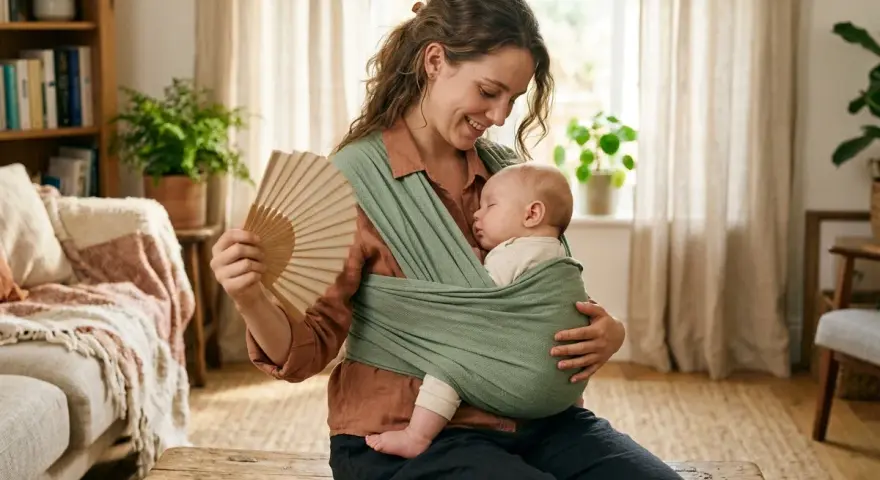 En mamma håller sitt sovande **koala baby** i en bärsjal. Hon viftar med en solfjäder.