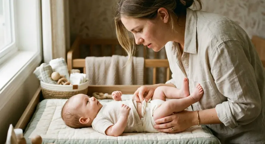 Mamma byter blöja på sitt bebis. Den lilla bebis harklar sig och tittar upp på sin mamma.