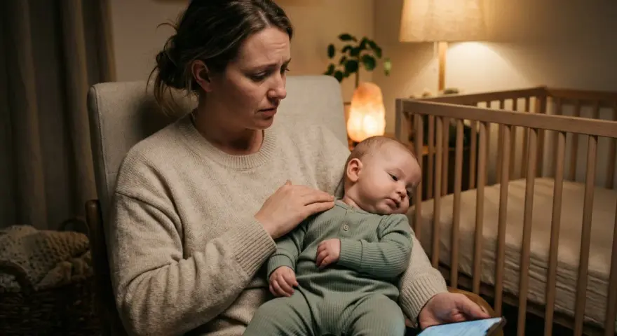 En orolig mamma håller sitt barn som vrider huvudet fram och tillbaka. Bredvid dem står en spjälsäng i ett svagt upplyst rum.