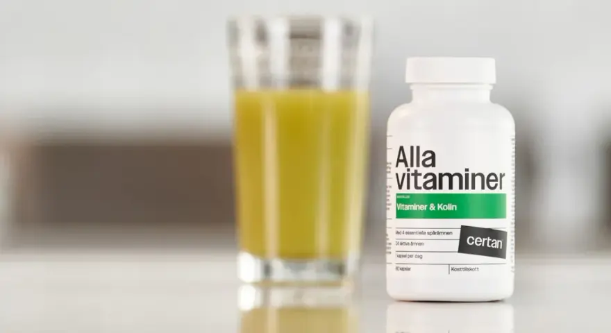 En flaska "Alla vitaminer" med texten "Vitaminer & Kolin" står bredvid ett glas med gul vätska. Perfekt för den som behöver extra vitaminer under graviditeten.