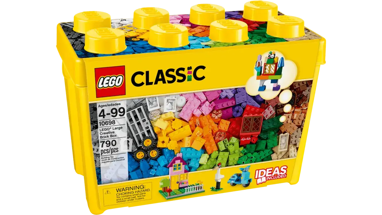 En stor gul låda med LEGO Classic-klossar, full av färgglada byggdelar för oändliga skapelser. Perfekt för alla åldrar!