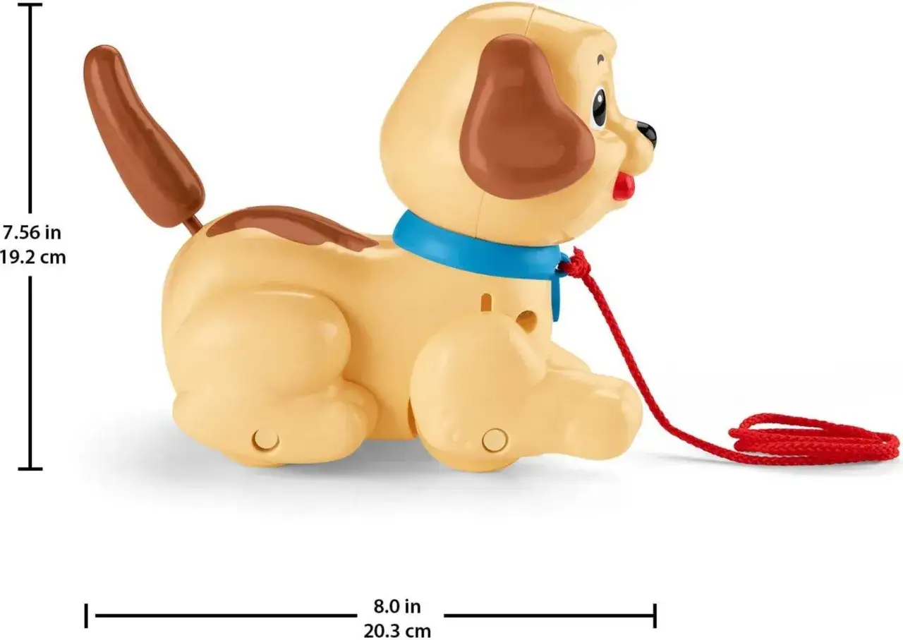 En glad Fisher Price hund med blått halsband och röd snöre, redo att dras med på äventyr.