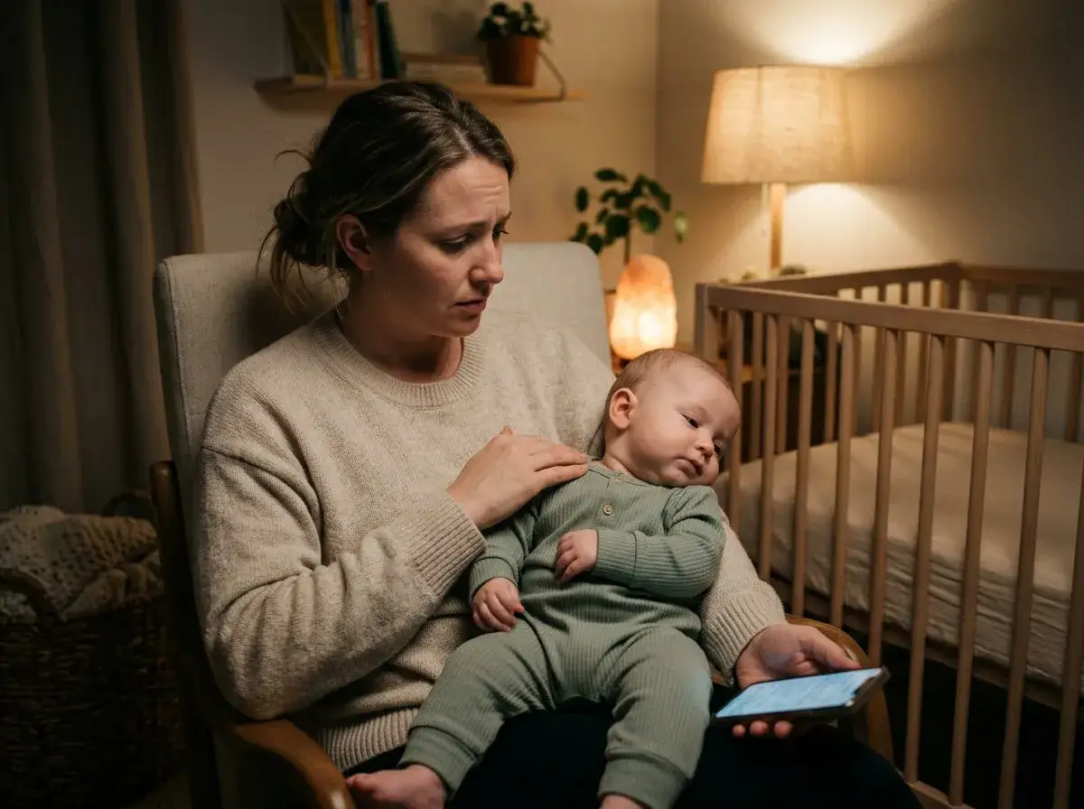 En orolig mamma håller sitt barn som vrider huvudet fram och tillbaka. Bredvid står en spjälsäng.