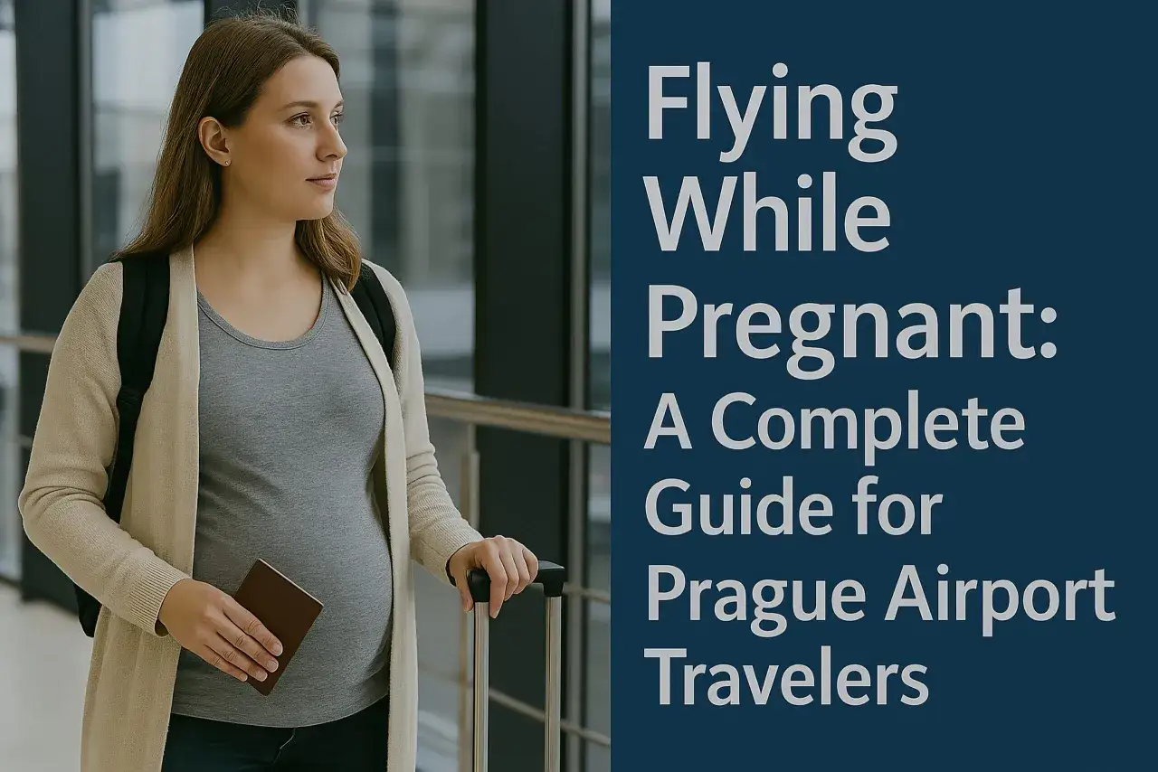 Gravid kvinna med pass och resväska på flygplatsen. En guide för att flyga gravid.