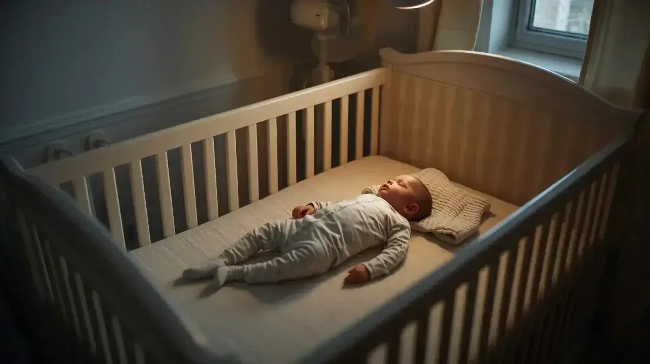 Sover gott i spjälsängen, en liten bebis svettas lite i värmen.