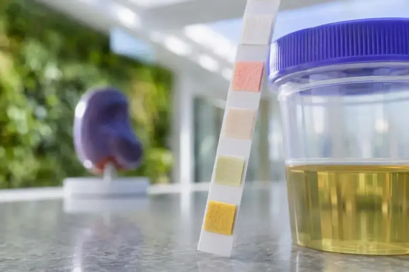Urinprov med teststicka och mugg. En modell av en njure syns i bakgrunden, relevant för att undersöka protein i urin gravid.