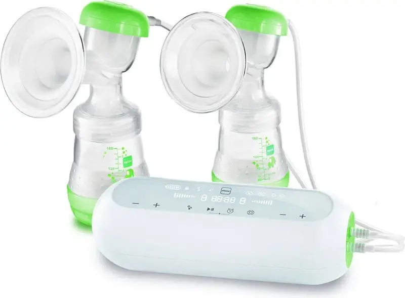Dubbel bröstpump med Medela Freestyle-enhet. Grön och vit design.